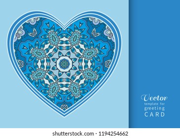Vector ornate Heart, hand drawn pattern. Love symbol, romantic motif for textile fabric, paper print. Card or Invitation template. Colorful floral geometric doodle ornament, mandala element