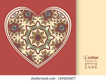 Vector ornate Heart, hand drawn pattern. Love symbol, romantic motif for textile fabric, paper print. Card or Invitation template. Colorful floral geometric doodle ornament, mandala element