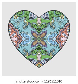 Vector ornate Heart, hand drawn pattern. Love symbol, romantic motif for textile fabric, paper print. Card or Invitation template. Colorful floral geometric doodle ornament, mandala element