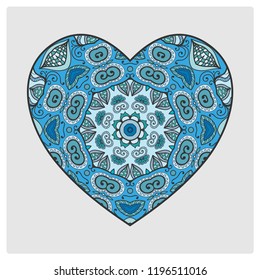 Vector ornate Heart, hand drawn pattern. Love symbol, romantic motif for textile fabric, paper print. Card or Invitation template. Colorful floral geometric doodle ornament, mandala element