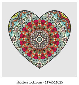 Vector ornate Heart, hand drawn pattern. Love symbol, romantic motif for textile fabric, paper print. Card or Invitation template. Colorful floral geometric doodle ornament, mandala element
