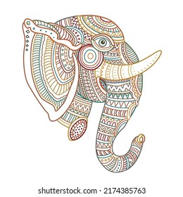 Vector ornate Indian elephant head. Colored contour thin line doodle sketch, ethnic ornaments on a white background. T-shirt print, Batik paint 