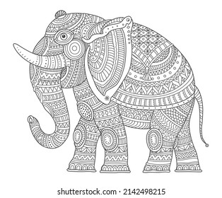 Vector ornate Indian fairy tale elephant. Coloring book page for adults and children Black and white thin line illustration