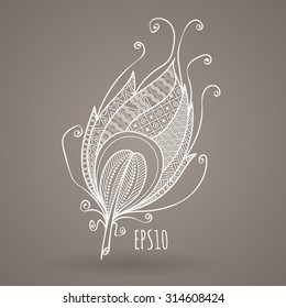 Vector ornate intricate feather. Doodle. Zentangle