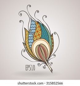 Vector ornate intricate feather. Doodle. Zentangle