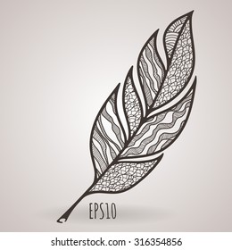 Vector ornate intricate feather. Doodle. Zentangle
