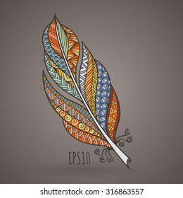 Vector ornate intricate feather. Doodle. Zentangle
