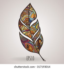 Vector ornate intricate feather. Doodle. Zentangle