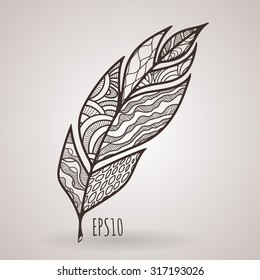 Vector ornate intricate feather. Doodle. Zentangle