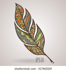 Vector ornate intricate feather. Doodle. Zentangle