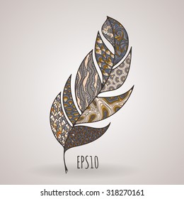Vector ornate intricate feather. Doodle. Zentangle