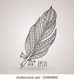 Vector ornate intricate feather. Doodle. Zentangle