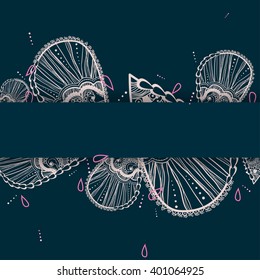 vector ornate light-pink line petals. Dark-blue rectangle background
