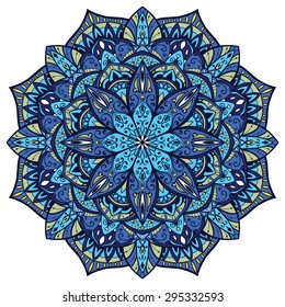 Vector, ornate mandala, with intricate detail. Stained glass in blue colors. Oriental element of decor.