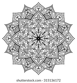 Vector, ornate mandala, isolated on white background. Oriental, round ornament. Template for mehndi.