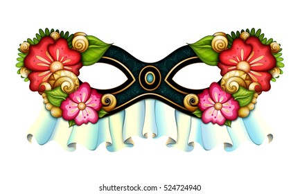 Vector Ornate Mardi Gras Carnival Mask with Decorative Flowers. La Calavera Catrina Mask, Mexican Day of the Dead Object for Greeting Cards, Isolated on White Background. Halloween Costume