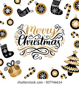 Vector ornate Merry Christmas lettering with festive New Year's elements. Happy Holidays typography for greeting card template or poster concept.