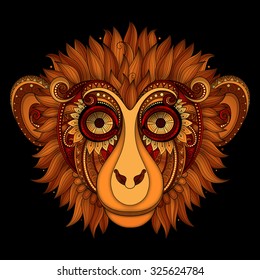 Vector Ornate Monkey Head on Black Background. Patterned Tribal Colored Design. Symbol of the Year 2016 by Chinese Horoscope