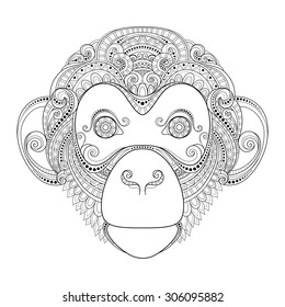 Vector Ornate Monkey Head. Patterned Tribal Monochrome Design. Symbol of the Year 2016 by Chinese Horoscope