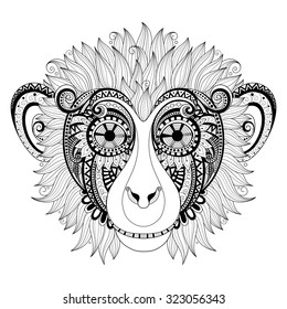 Vector Ornate Monkey Head. Patterned Tribal Monochrome Design. Symbol of the Year 2016 by Chinese Horoscope