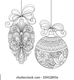 Vector Ornate Monochrome Christmas Decorations. Patterned Objects for Greeting Cards, Holiday Greetings. New Year and Christmas Template