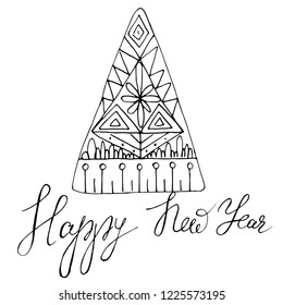 Vector Ornate Monochrome Christmas tree. Patterned Objects for Greeting Cards, Holiday Greetings. New Year and Christmas Template
