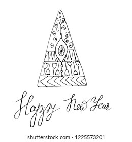 Vector Ornate Monochrome Christmas tree. Patterned Objects for Greeting Cards, Holiday Greetings. New Year and Christmas Template