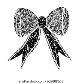 Vector Ornate Monochrome Red Bow with Pattern. Object for Greeting Cards, 