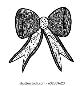 Vector Ornate Monochrome Red Bow with Pattern. Object for Greeting Cards, 