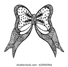 Vector Ornate Monochrome Red Bow with Pattern. Object for Greeting Cards,