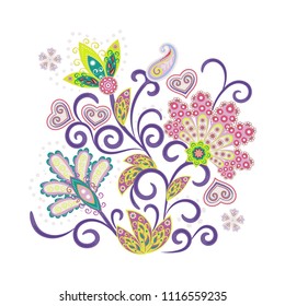Vector ornate ornament with Fantastic flowers. Embroidery colorful trend floral pattern. Trendy colors 2018