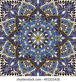 Patrón ornamentado vectorial con elementos florales. El adorno azul oriental. Plantilla colorida para alfombra. Diseño para el tejido, el chal.