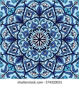 Vector ornate pattern with floral elements. Oriental blue ornament. Colorful template for carpet. Design for textile, shawl.