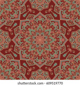 Vector ornate pattern with floral elements. Oriental red ornament. Colorful template for carpet. Design for textile, shawl.