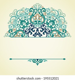 Vector ornate pattern in Victorian style. Baroque element for design and place for text. Colorful ornament for wedding invitations and greeting cards. Traditional decor.