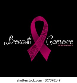 Vector Ornate Pink Ribbon of Breast Cancer on Black Background with Decorative Lettering (Hand Written Inscription)