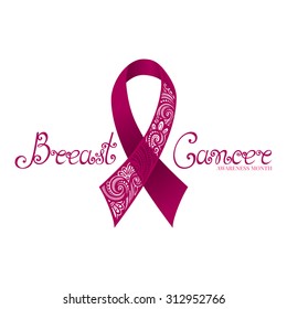 Vector Ornate Pink Ribbon of Breast Cancer on White Background with Decorative Lettering (Hand Written Inscription)