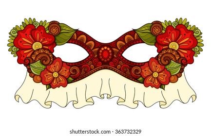 Vector Ornate Red Mardi Gras Carnival Mask with Decorative Flowers. Object for Greeting Cards, Isolated on White Background