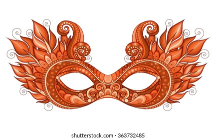 Vector Ornate Red Mardi Gras Carnival Mask with Decorative Feathers. Object for Greeting Cards, Isolated on White Background