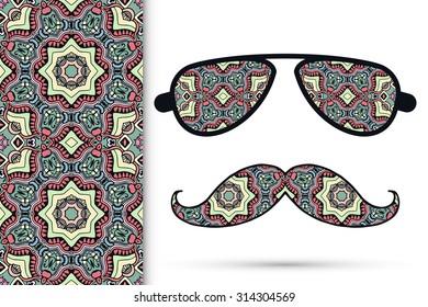 Vector ornate retro sunglasses mustaches and seamless floral geometric pattern, hipster fashion illustration.