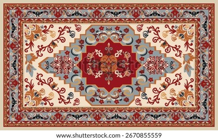 Vector ornate rug pattern with floral and geometric motifs in red, blue, and beige tones, inspired by traditional design.