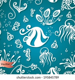 Vector Ornate Sea Seamless Pattern. Set of Sea Flora and Fauna