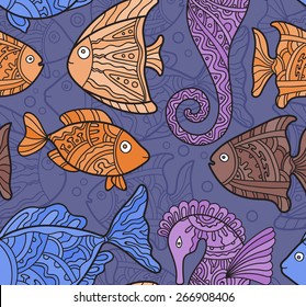 Vector Ornate Sea Seamless Pattern with fishes, seahorses and algae