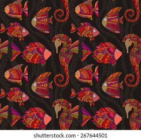 Vector Ornate Sea Seamless Pattern with fishes, seahorses and water-plants