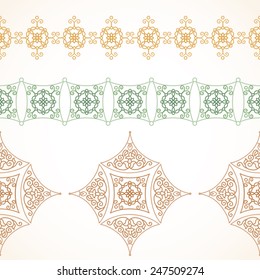 Vector ornate seamless border in Eastern style. Filigreed element for design, place for text. Ornamental vintage pattern for wedding invitations and greeting cards. Traditional pastel decor.