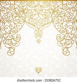 Vector Ornate Seamless Border In Eastern Style. Line Art Element For Design, Place For Text. Ornamental Vintage Pattern For Wedding Invitations And Greeting Cards. Traditional Gold Decor.
