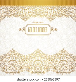 Vector ornate seamless border in Eastern style. Line art element for design, place for text. Ornamental vintage frame for wedding invitations and greeting cards. Traditional golden decor.