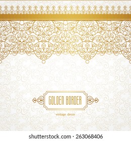 Vector ornate seamless border in Eastern style. Line art element for design, place for text. Ornamental vintage frame for wedding invitations and greeting cards. Traditional golden decor.