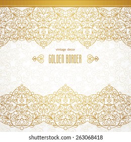 Vector ornate seamless border in Eastern style. Line art element for design, place for text. Ornamental vintage frame for wedding invitations and greeting cards. Traditional golden decor.