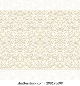 Vector ornate seamless border in Eastern style. Light beige element for design. Ornamental vintage pattern for wedding invitations, birthday and greeting cards. Traditional pastel decor.